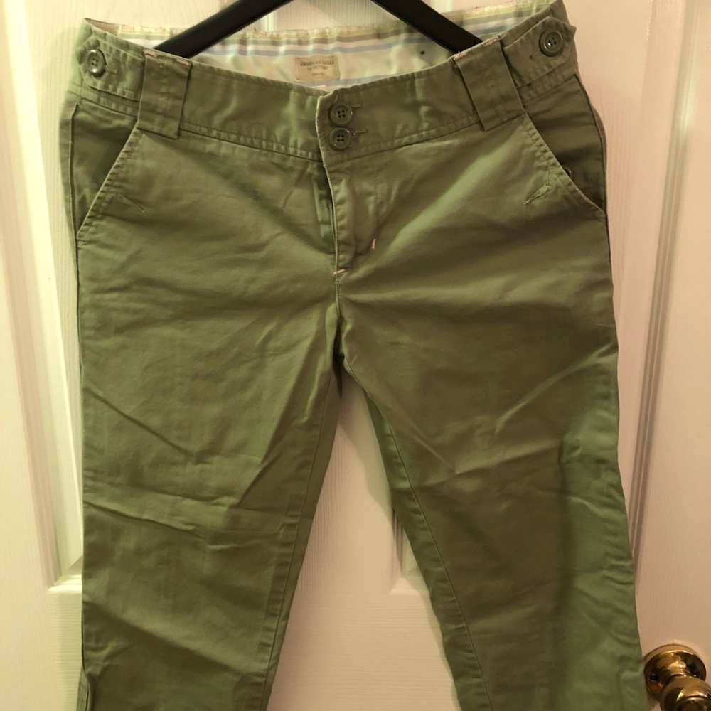 Green khaki high water pants, green strip on leg